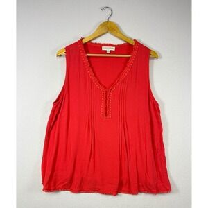 Boho Skies Are Blue Curvy Women 1X Red Crochet Trim Pintuck Ethereal Tank Top